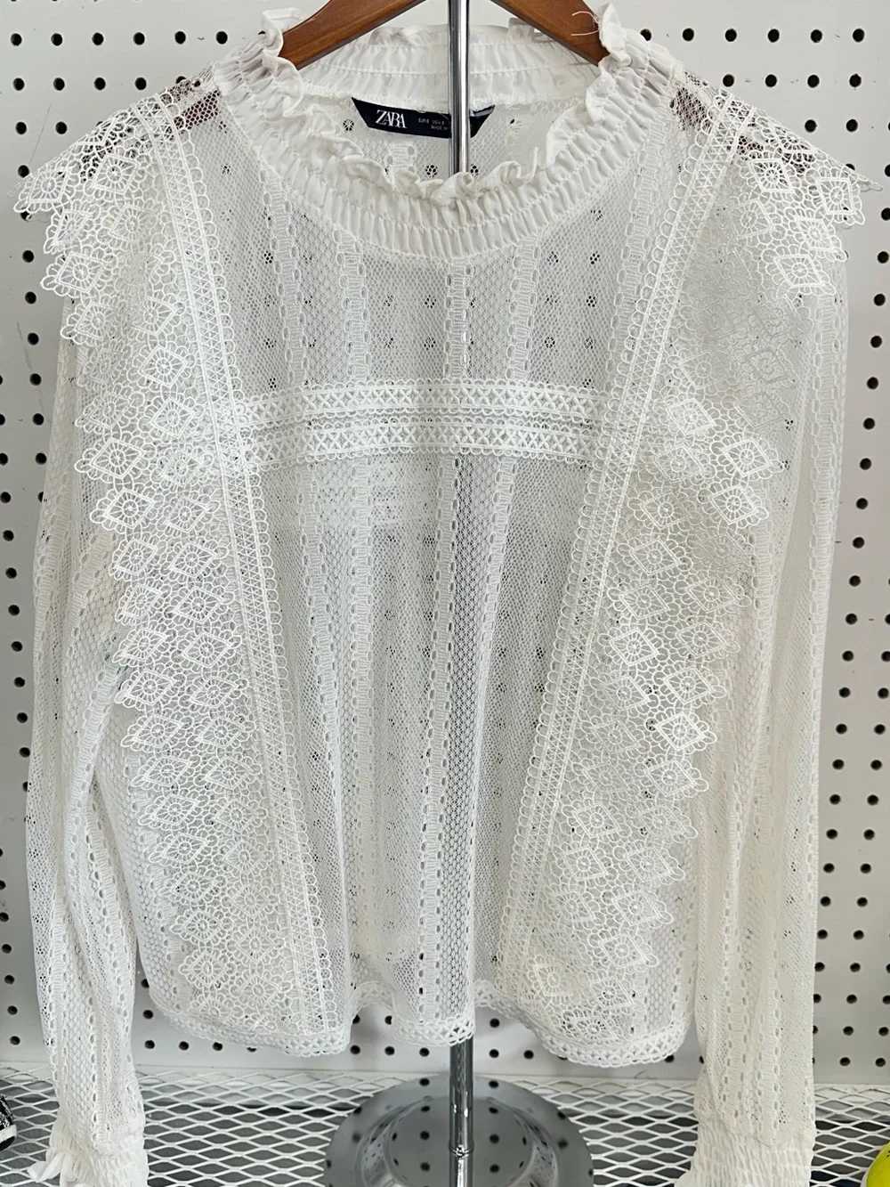 Zara White Crochet Lace Ruffle-Neck Long Sleeve Top